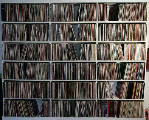 Shelves full of vinyl records